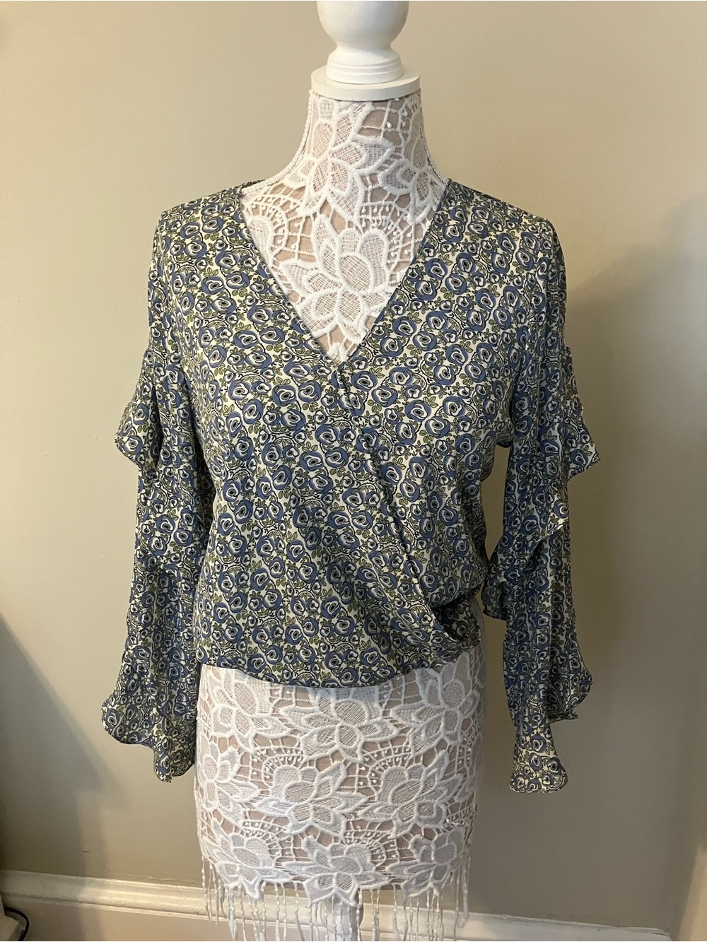 Max Studio Blue Patterned Wrap-Style Blouse
